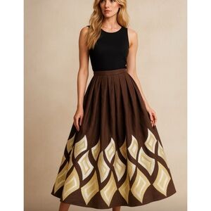 Vintage Body By Victoria Linen Blend Embroidered A-Line Retro Brown Midi Skirt 0